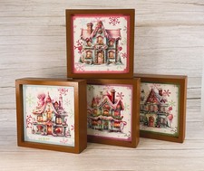 AGSD Christmas Decor - Pink Pastel Gingerbread Houses Tabletop Signs 4pc