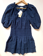 NEW $395 Ramy Brook Sawyer Eyelet Smocked Fit and Flare Cotton Dress Navy Blue M