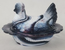 Vintage Style Hen On Nest Covered Dish Black & White Slag Glass 6.5" 