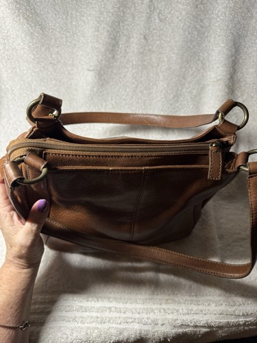 Fossil Brown Cow Hide Leather Double Strap Purse Shoulder Bag Tote Key Charm - Picture 6 of 14