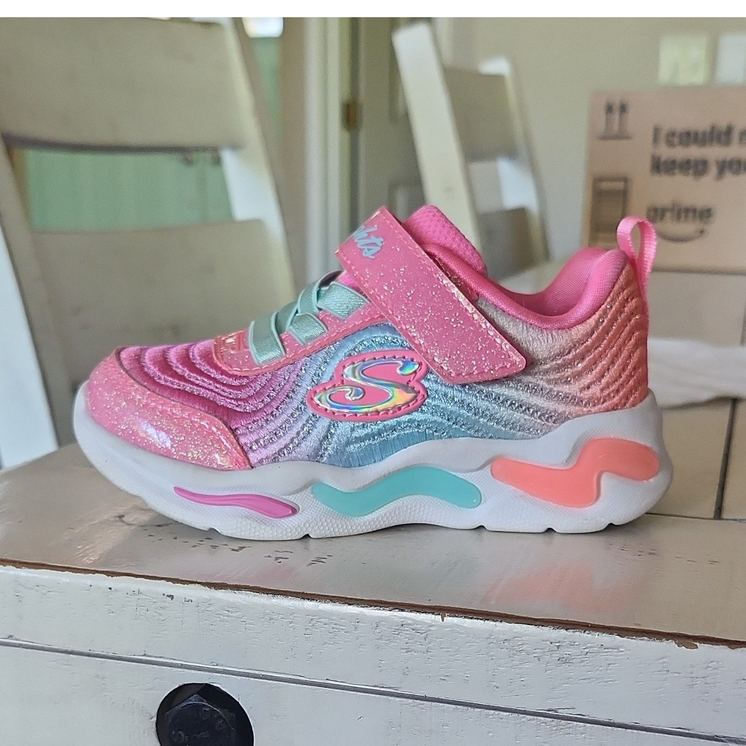 Skechers Girls Glitter Light-Up Sneakers Pink Blue Hook & Loop Size 7 Toddler 