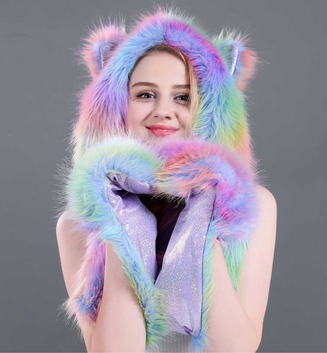 Fashion Rainbow Faux Fur Beanie Hat Cute Cat Paw Rave In Scarf