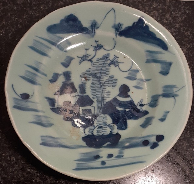 Antique Oriental Blue & White Celadon Qing Dynasty porcelain plate 1800s Antique Oriental Blue & White Celadon Qing Dynasty porcelain plate 1800s