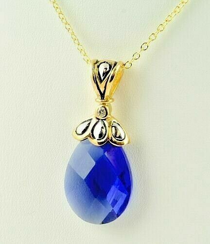 CADENA DE 48 CM Y COLGANTE GOTA DE ZAFIRO AZUL EN ORO AMARILLO LAMINADO CADENA - Picture 1 of 1