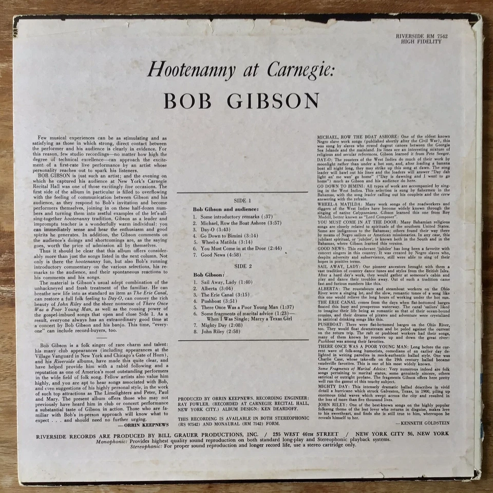 Bob Gibson ~  Hootenanny At Carnegie (Riverside RM 7542) 1963 USA Vinyl Import - Image 3 of 4