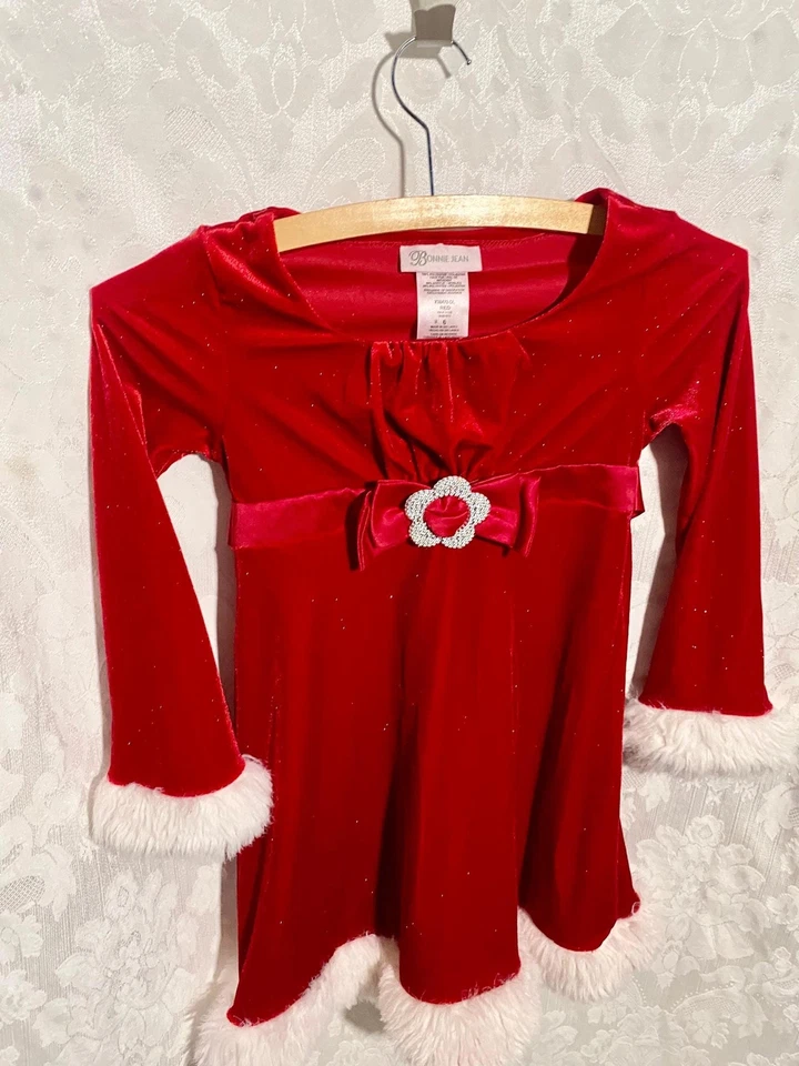 Vestido rojo de Navidad con lazo y ribete de piel Bonnie Jean niñas talla 6 Foto 4 de 4