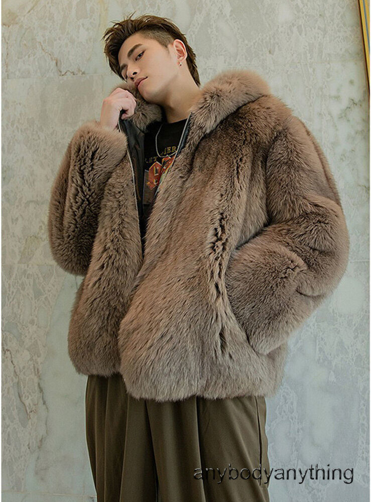 American Style Winter Mens Hooded Faux Fox Fur Short Coats
