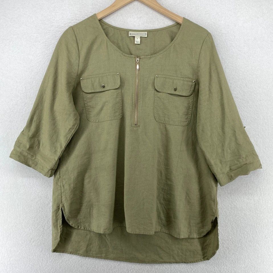 DANA BUCHMAN Top L Linen Blend Utility Blouse 1/2 Zip Roll Tab Sleeve Green - Image 2 of 4