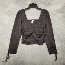 H&M Shirt Womens XS Black Red Hearts Rouched Smocked Long Sleeve Tie