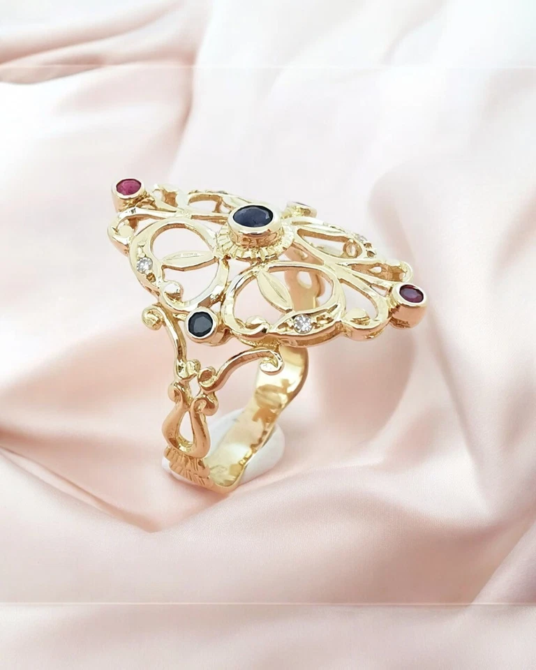 Bague Rubis - Saphirs - Diamants Or Jaune 18 K (750°/°°) 18 carats - Photo 2/4