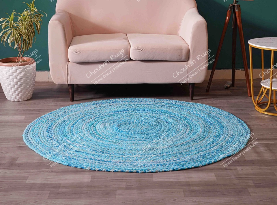 Custom Size Handwoven Round Turquoise Cotton Chindi Rug Vintage Home Decor Rug - Image 2 of 4