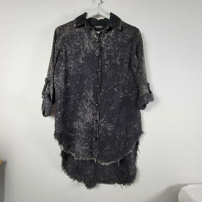 Thrill Jeans Women's Raw Hem High Low Casual Button Front Blouse Black Large