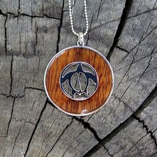 Koa Wood Hawaii Jewelry Turtle Honu Silver Rhodium Plated Brass Pendant BRP1041