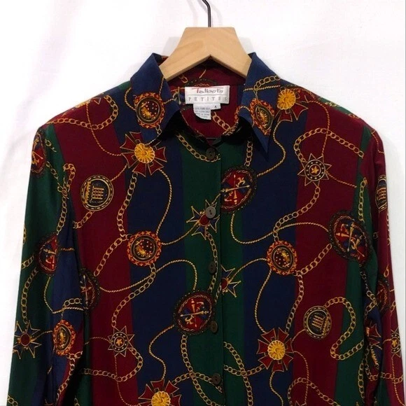 Camisa De Colección Talbots 100% Seda Cadena Dorada Para Mujer 4P Rojo Azul Boho Retro Años 90 Foto 2 de 4