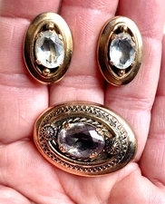 Ornate VICTORIAN REVIVAL Gold Plate Pin SMOKY QUARTZ  +  Screwback Earrings