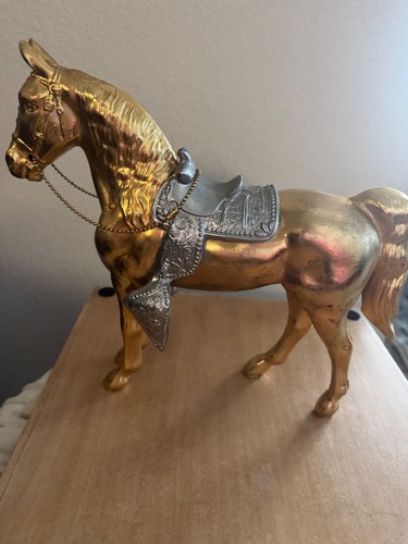 Rare Vintage 1950 Brass western horse w/metal removable saddle Heavy antique - Picture 2 of 17
