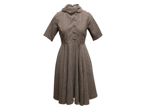 Brown & Cream Eshakii Wool-Blend Herringbone A-Line Dress Size US 8 - Picture 2 of 6