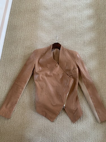 Womens Italian Leather Moto Jacket Tan Asymmetrical Zip Size M(XS) - Picture 11 of 12