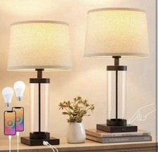 Dimmable Glass Table Lamps Set of 2 with USB Ports for Modern Living Room