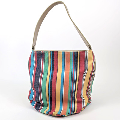 RARE Lancel Canvas Striped Rainbow Shoulder Bucket Bag Purse Coastal Cloth Boho