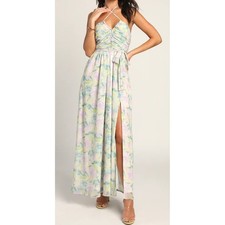 NWOT Lulus Medium Effortlessly Abloom Green Floral Ruched Halter Maxi Dress