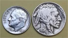 Lot of 2 Coins- 1 90% Silver Roosevelt 10c (1964D) & 1 Better Buffalo 5c (1935P)