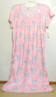 NWT MISS ELAINE LONG NIGHTGOWN-SS-SZ 2X-PINK/WHITE-$78 SOFT COTTON BLEND