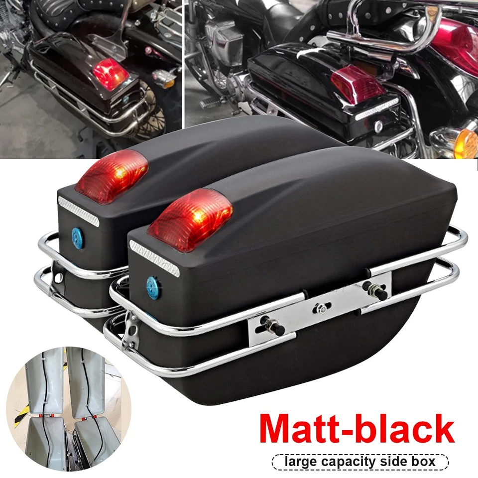2x Black Saddlebags Luggage Side Box Motorcycle Hard Case W/ Lights Brackets - Image 2 of 4