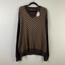 Perry Ellis Sweater Mens XXL Brown Tan Check V Neck Cotton Pullover