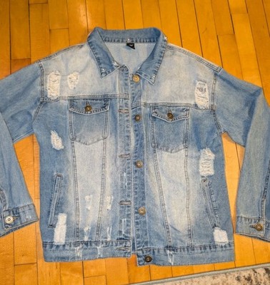 Redfox women's Distressed Denim Jacket Blue button Size L spring jean coat style