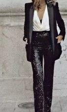 ZARA WOMAN BLACK HIGH WAIST SEQUINNED LEGGINGS PANTS  2731/312/800 SIZE S