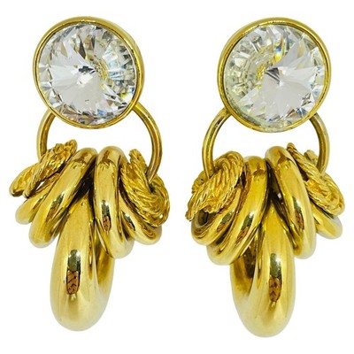 NORMA JEAN signed vintage gold tone crystal dangle designer clip on earrings