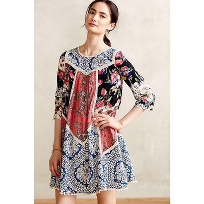 Vanessa Virginia Anthropologie Inez Trapeze Boho Patchwork Swing Dress Size 2