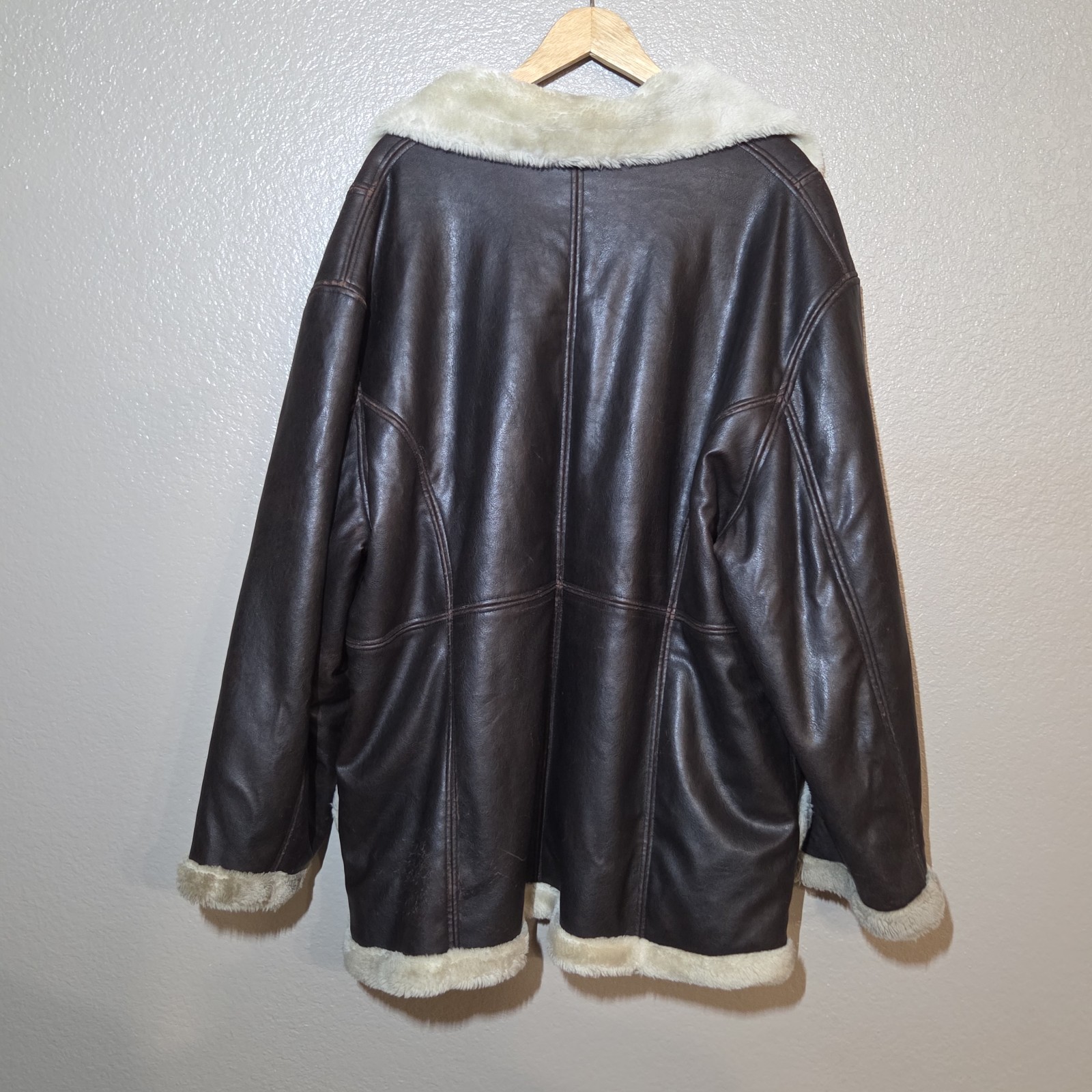 Learsi Men’s 3X Faux Leather Sherpa Lined Brown Jacket Aviator Shearling Coat