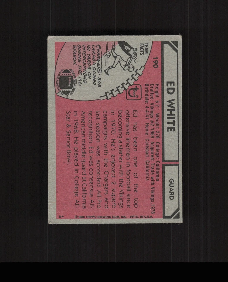 1980 Topps #190 Ed White  Football Card Chargers - Image 2 of 2