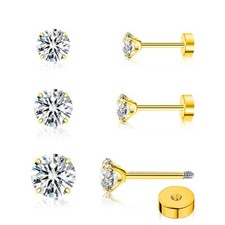 3 Pairs Flat Back Earrings for Women, Titanium CZ Stud Flat Screw Back, Hypoa...