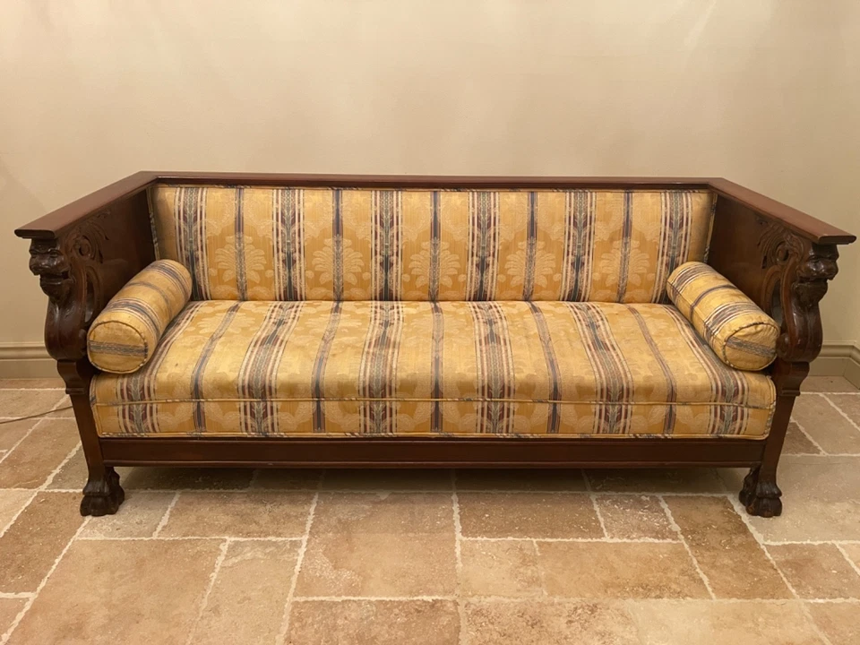 Early 20th Century French hand-carved Mahogany Damask Griffin Dragon Settee - Image 2 of 4