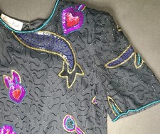 Vtg Laurence Kazar New York Beaded Sequin Top Short Sleeve 80s Shoulder Pads