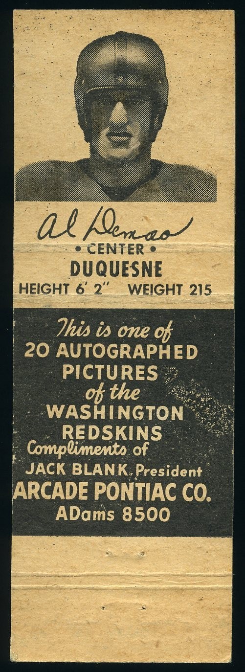 1951-52 Universal Arcade Pontiac Redskins Football Matchbook Al Demao *d6