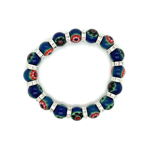 Summer Ocean Color Floral Fancy Glass Beads Stretch Bracelet with Cubic Zirconia - Picture 2 of 2