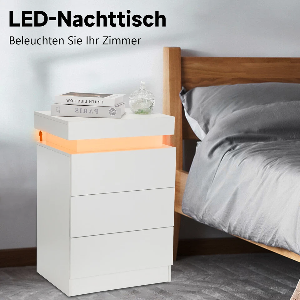 Nachttisch RGB LED Beistellkommode mit 3 Schubladen Nachtschrank-Weiß Modern DE - Bild 2 von 4