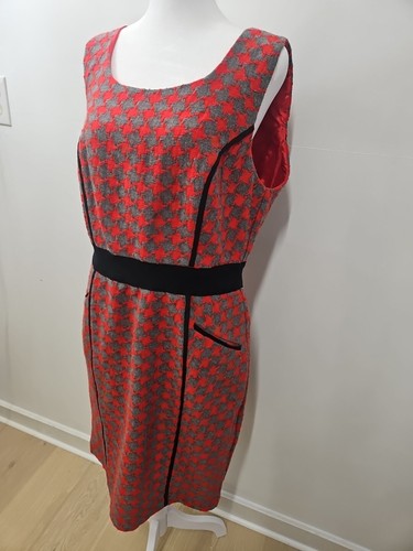 Women's Vintage Houndstooth Midi Sleeveless Dress Red Gray Size 14 - Picture 3 of 9