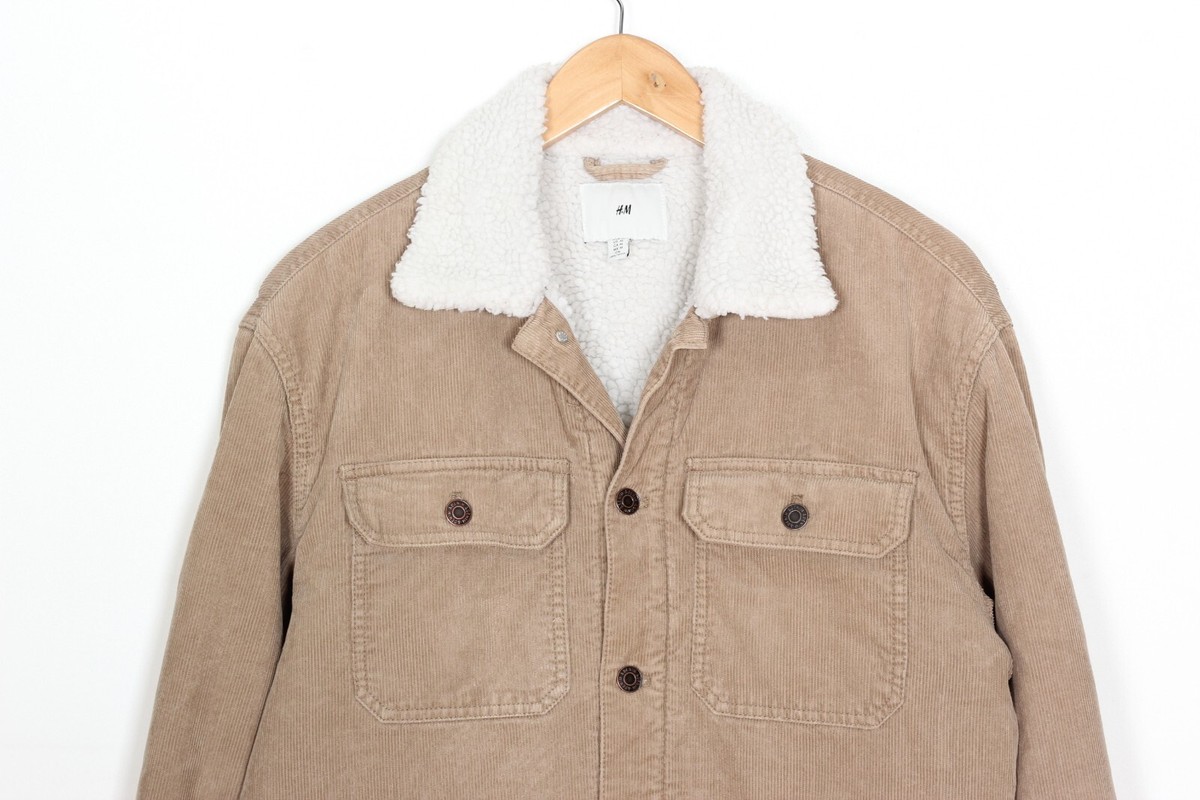 H&M Cord Sherpa Jacke Herren Größe M beige wattiert MJ5644