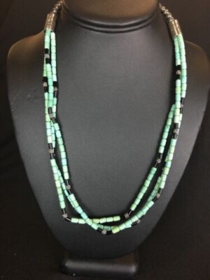 Turquoise & Lapis 3 Strands Sterling Silver Necklace 22'' 3266
