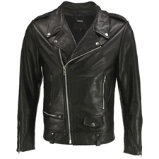 New Mens Brando Sheepskin Black Leather Jacket Asymmetrical  Biker Motorcycle