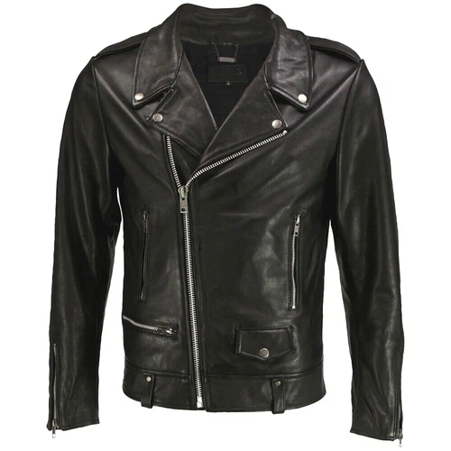 New Mens Brando Sheepskin Black Leather Jacket Asymmetrical  Biker Motorcycle - product listing photo