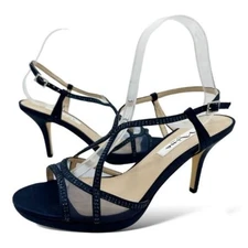 Nina Navy Blue Satin Blossom Slingback Crystal Open Toe Evening Sandal Prom 8.5