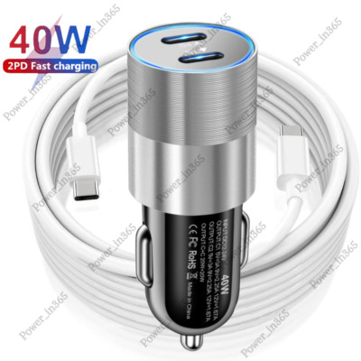 40W Dual Type C Car Charger Adapter USB C Cord For Android iPhone 15 Plu Pro Max