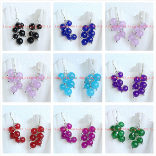 6mm Multicolor Round Gemstone Beads Grape Cluster Dangle Silver Hook Earrings AA - Afbeelding 1 van 20