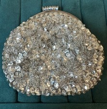 Vintage 1960s Beaded Sequined Silver Tone Coin Purse Metal Frame Kiss Lock